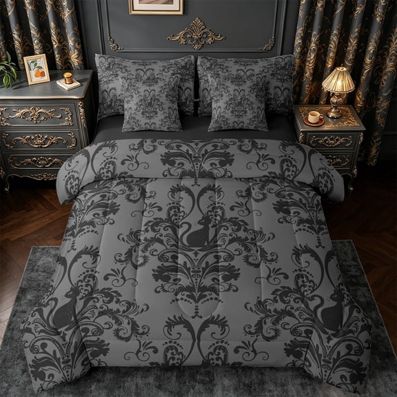 jejeloiu Victorian Baroque Print 7-Piece Twin Bedding Sets,Retro Damask Floral Bedding Comforter Set,Black Cat Kitten Sheet Sets For Girls Boys,Uper Cozy Room Decor Reversible