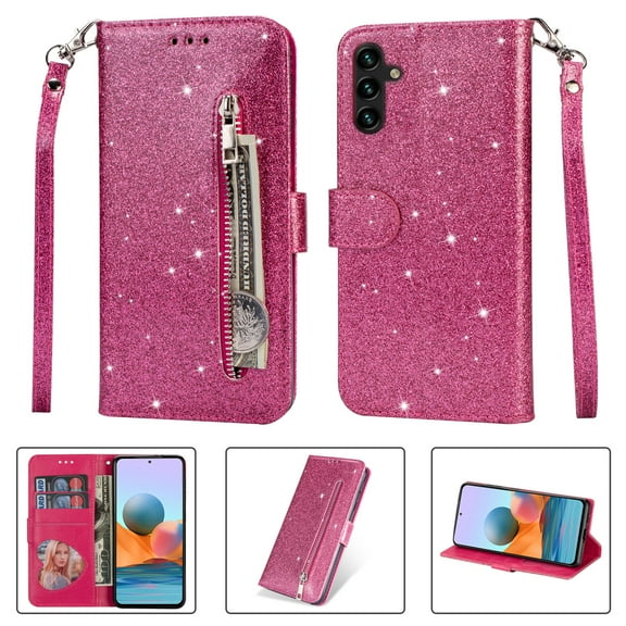 Allytech Glitter Case for Samsung Galaxy A05S, Bling PU Leather Flip Folio Stand Cards Holder Anti-Scratch Shockproof Bumper Wallet Case Cover for Galaxy A05S - Rose