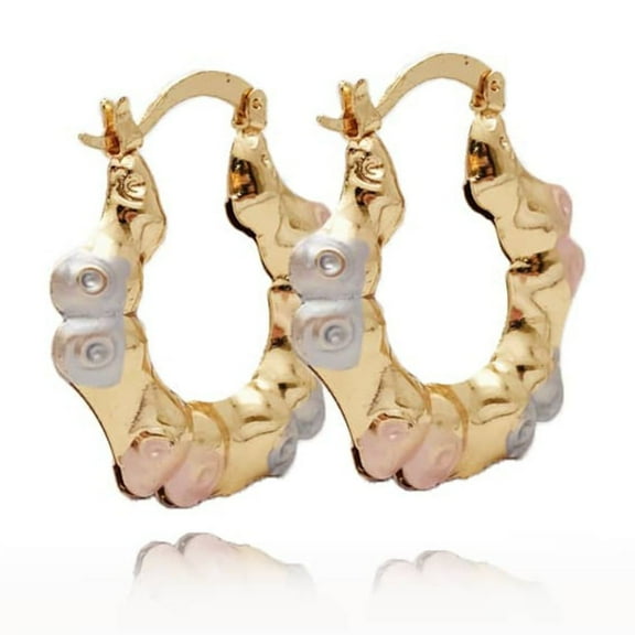 JoeytheJewelryNY 18k Layered Real Gold Filled round bamboo hoop earrings tri colors #79