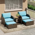 thumbnail image 1 of 5 Piece Patio Rattan Conversation Set, Outdoor Wicker Furniture Set with Tempered Glass Coffee Table, Rattan Chairs with Ottomans & Thick Soft Cushions for Garden Backyard Porch, Blue, 1 of 7