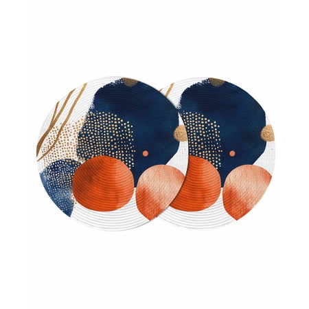 Navy Blue Burnt Orange Round 13 Inch Placemats Set of 2 Middle Century Modern Geometric HeatResistant Non Slip Place Mats for Dining Table Wipeable Braided Kitchen Table Mats for Housewarming