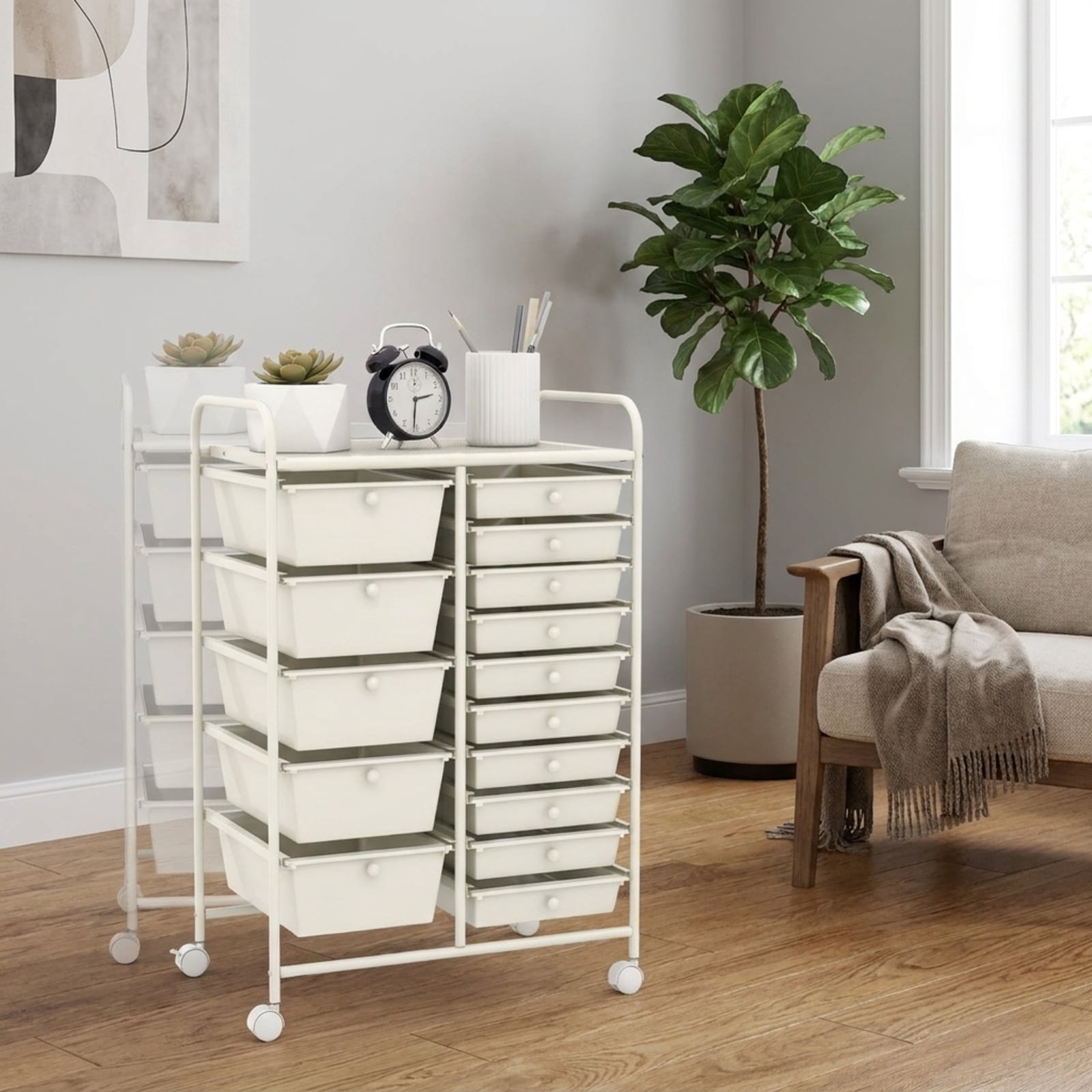 Furnibear 15-Drawer Utility Rolling Organizer Cart Multi-Use Storage for Home Office Craft Room Classroom, White
