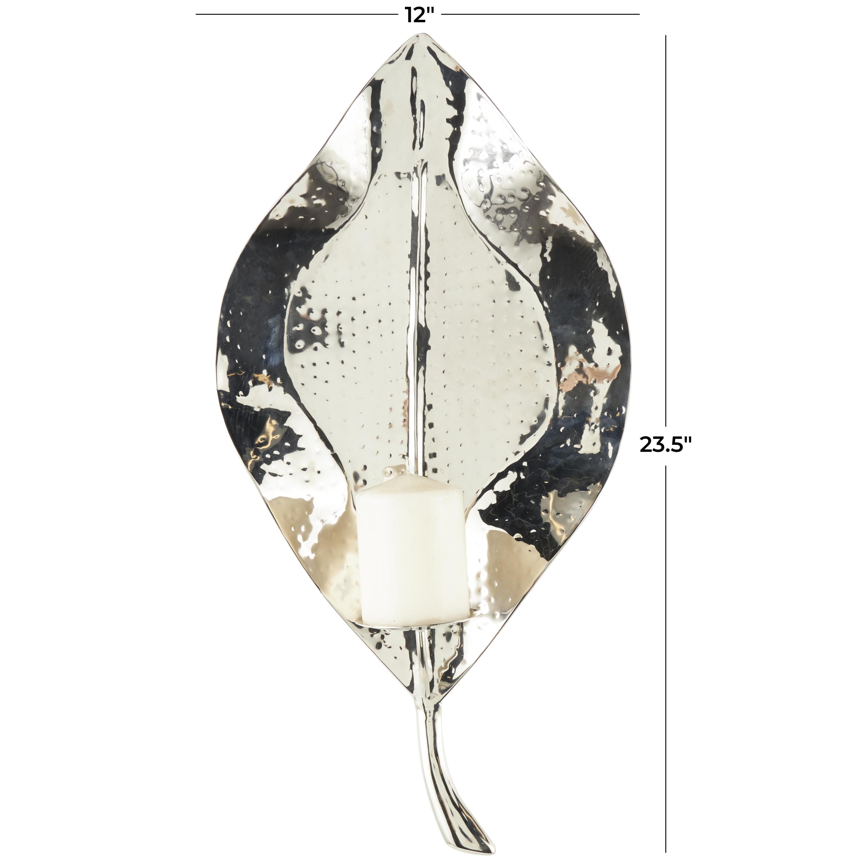 DecMode Silver Stainless Steel Metal Leaf Wall Sconce with Hammered Design