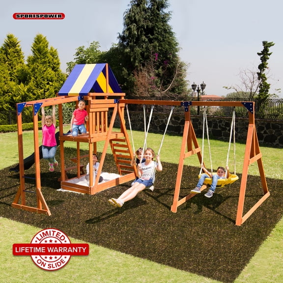 Sportspower Grand Mesa Wooden Swing Set with 8' Slide, Saucer Swing, Monkey Bars, Fort, Rock Climber, & Sandbox – For Ages 3–10