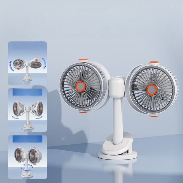 Clip de Ventilador de Doble Cabezal con Batería Recargable USB, Ventilador de Escritorio Portátil con Velocidad Ajustable, Flujo de Aire de 360°, para Dormitorio, Oficina, Habitación, Campamento