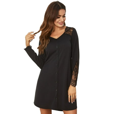 

Women s Nightgowns Pajama Dress V Neck Lace Trim Long Sleeve Sexy Sleep Shirts Sleepwear S-XXL