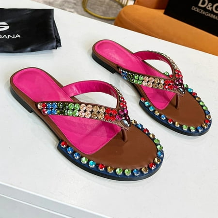 

Iridescent Rhinestone Diamond Flip Flops Flat Heel Mixed Color Colorful Crystal Slip-on Summer Slippers Women