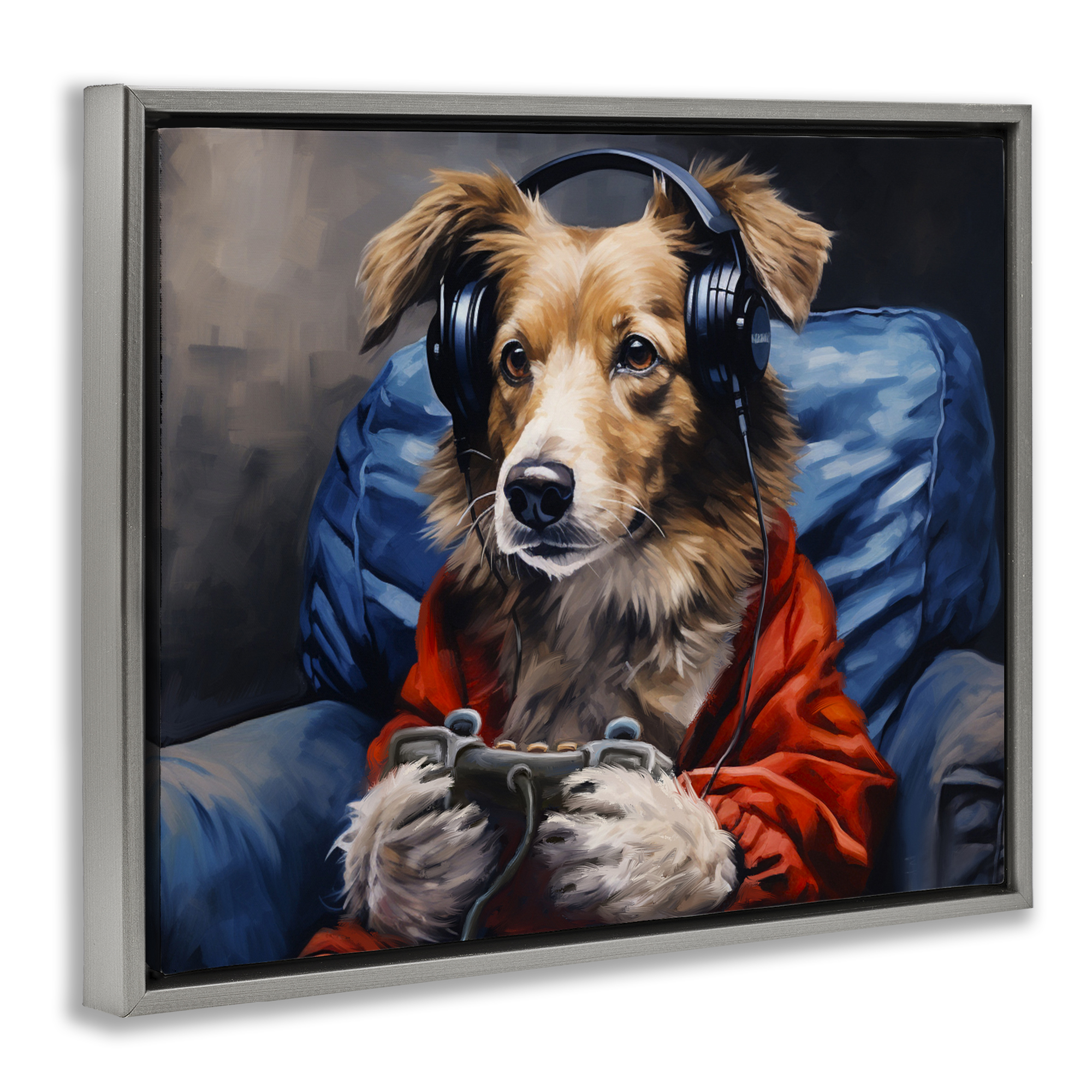 Game Master Dog Gray Framed Floater Canvas Wall Art, design by Shawna Stewart