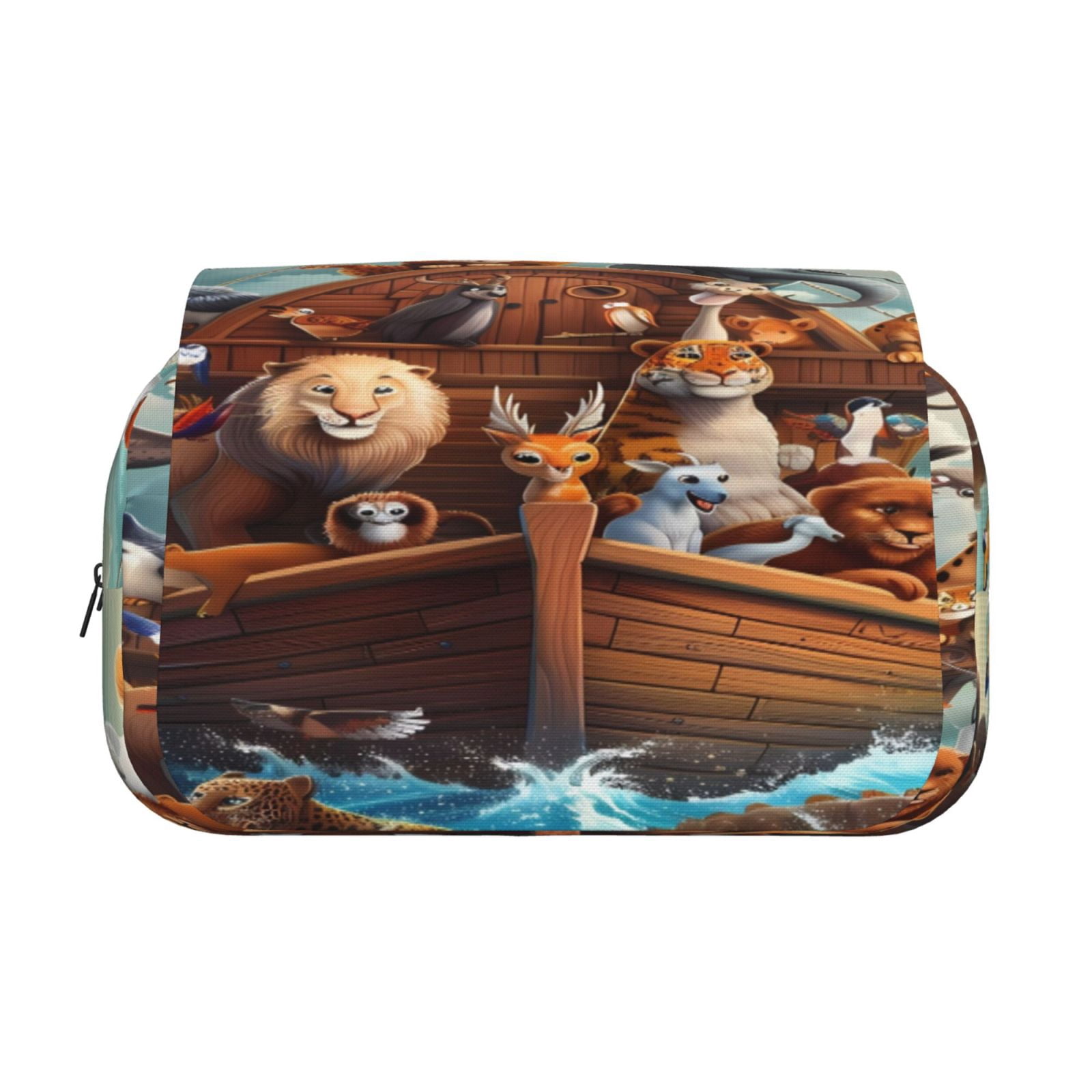 Rateoe Animal Filled Noahs Ark Pattern Double Clamshell Pen Case, Storage Organizer with Two Zipper Compartments– Holds Up to 50 Pencils & Pens