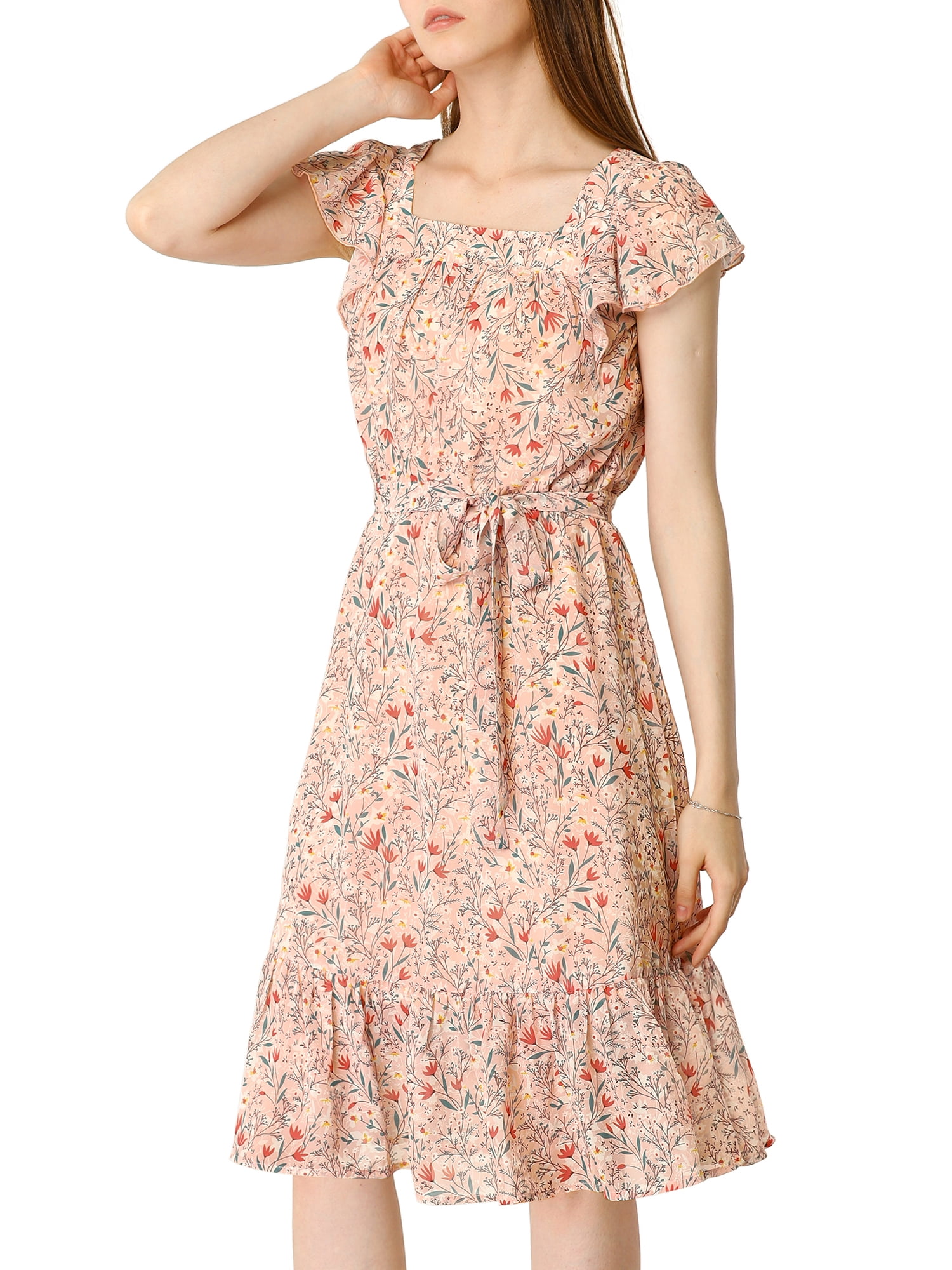 DARING DIVA Square Neck Flutter Sleeve A-Line Midi Dress M Pink