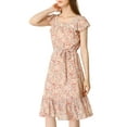 thumbnail image 6 of INSPIRE CHIC Women's Floral Print Elastic Waist Square Neck Ruffled Hem Belted Midi Dress Pink S, 6 of 7