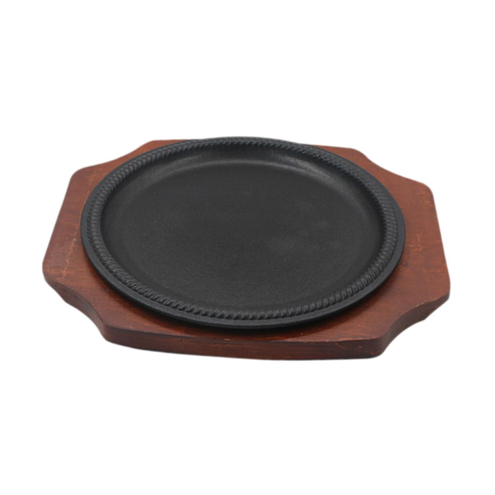 TISHITA Griddle Steak Plate Tray Nonstick with Wooden Base Platter Sizzling Steak Plate Iron Griddle Pan for Home Kitchen Stovetops L