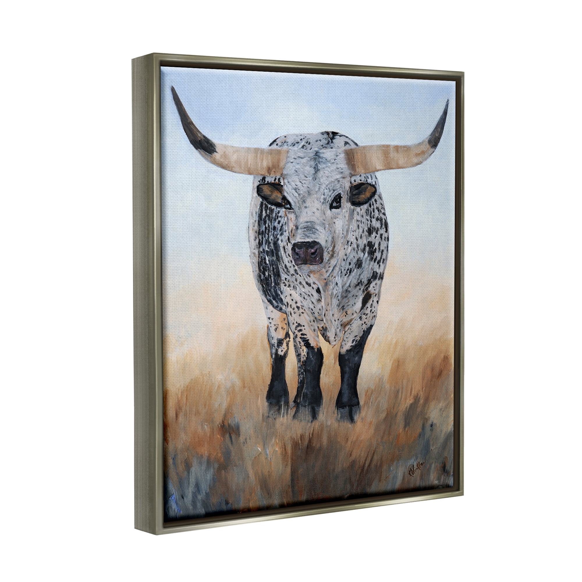 Stupell Rural Longhorn Cattle Animal Animals & Insects Painting Gray Floater Framed Art Print Wall Art