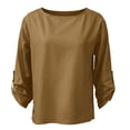 thumbnail image 4 of Delayuji Women's Cotton Linen Shirt Round Neck Long Sleeve Shirt with Button Fashion Solid Color Loose Summer Tops Business Casual Outfits, 4 of 5