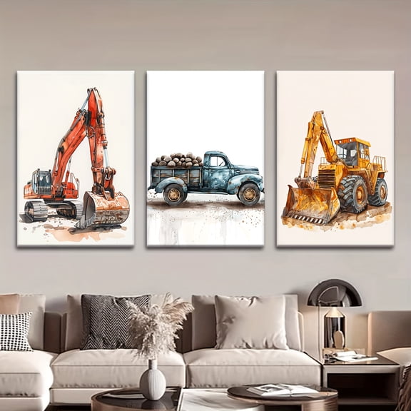 3pcs/set, Canvas painting--Unframed, Watercolor construction truck excavator dozer, children's room decoration, Posters and prints, living room, library, office, cafe, bar, abstract art, perfect bir