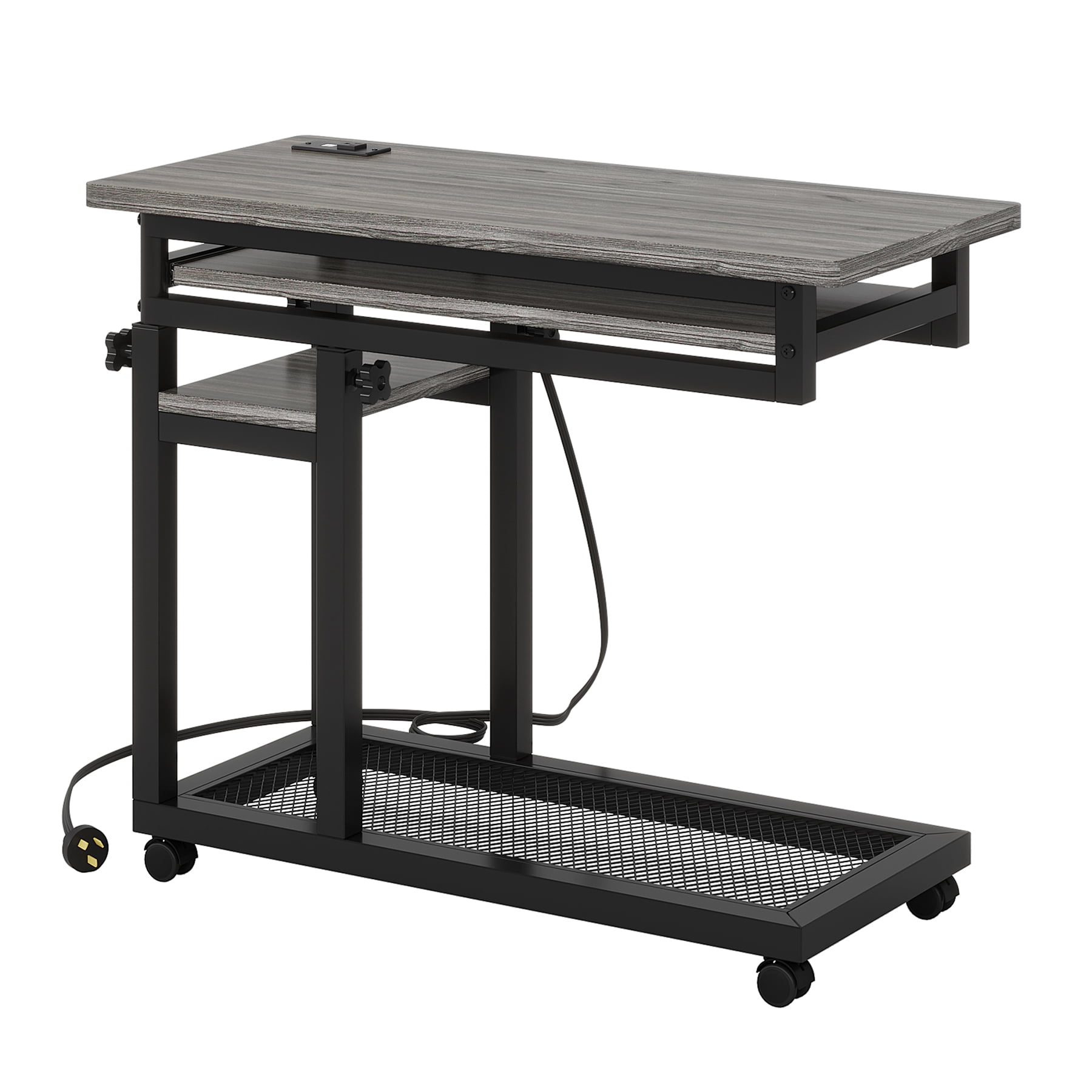 Fnova Small Portable Desk with Charging Station, Height Adjustable Mobile Desk with 4 Wheels, USB Ports & Power Outlet, Rolling Computer Cart, C Side Table for Sofa Couch Bedside, Gray