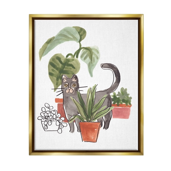 Stupell Industries Grey Cat Pet Terracotta House Plants Tropical Monstera Metallic Gold Framed Floating Canvas Wall Art, 16x20, by June Erica Vess