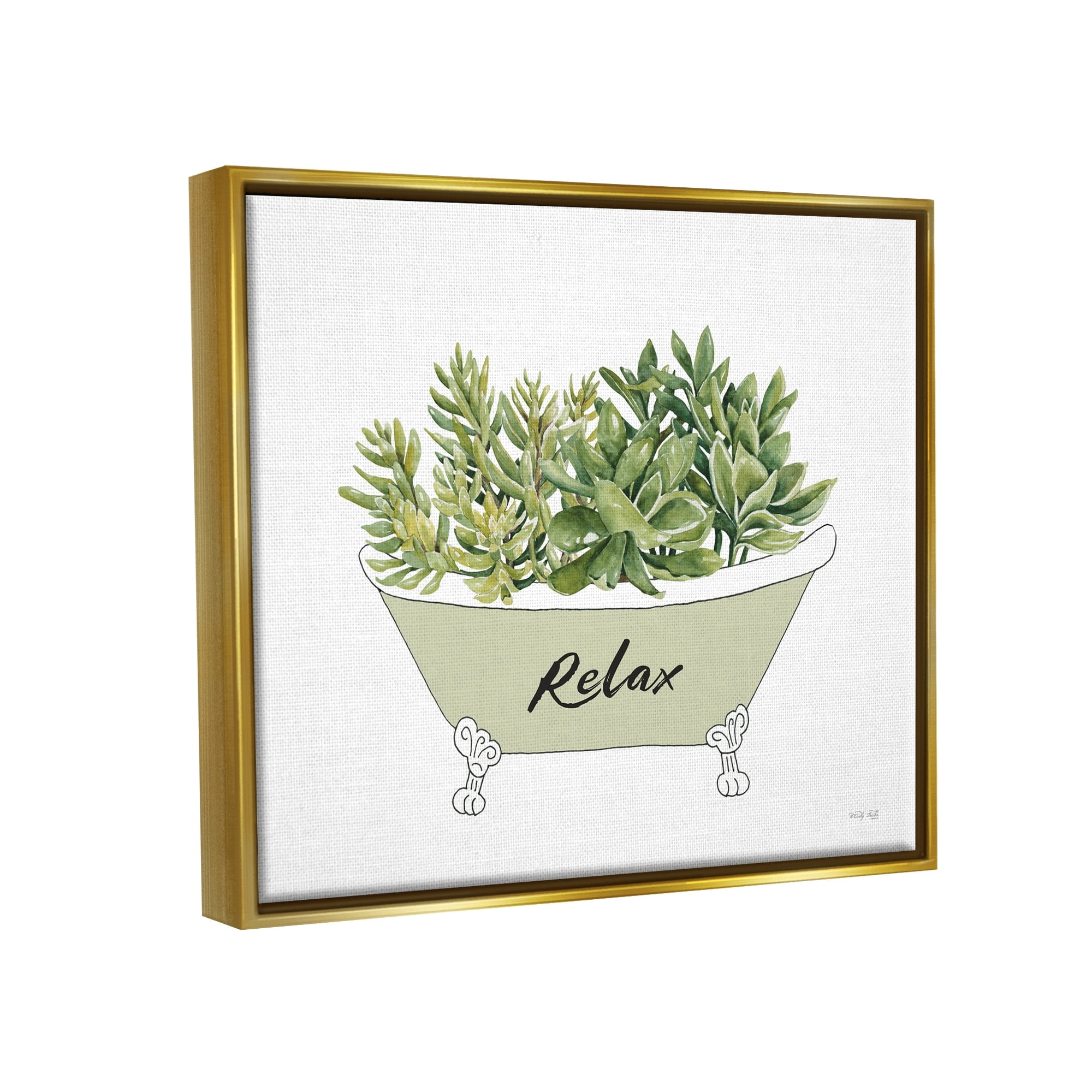 Stupell Industries Claw Foot Bathtub Succulent Plants Relax Typography Graphic Art Metallic Gold Floating Framed Canvas Print Wall Art, Design by Cindy Jacobs