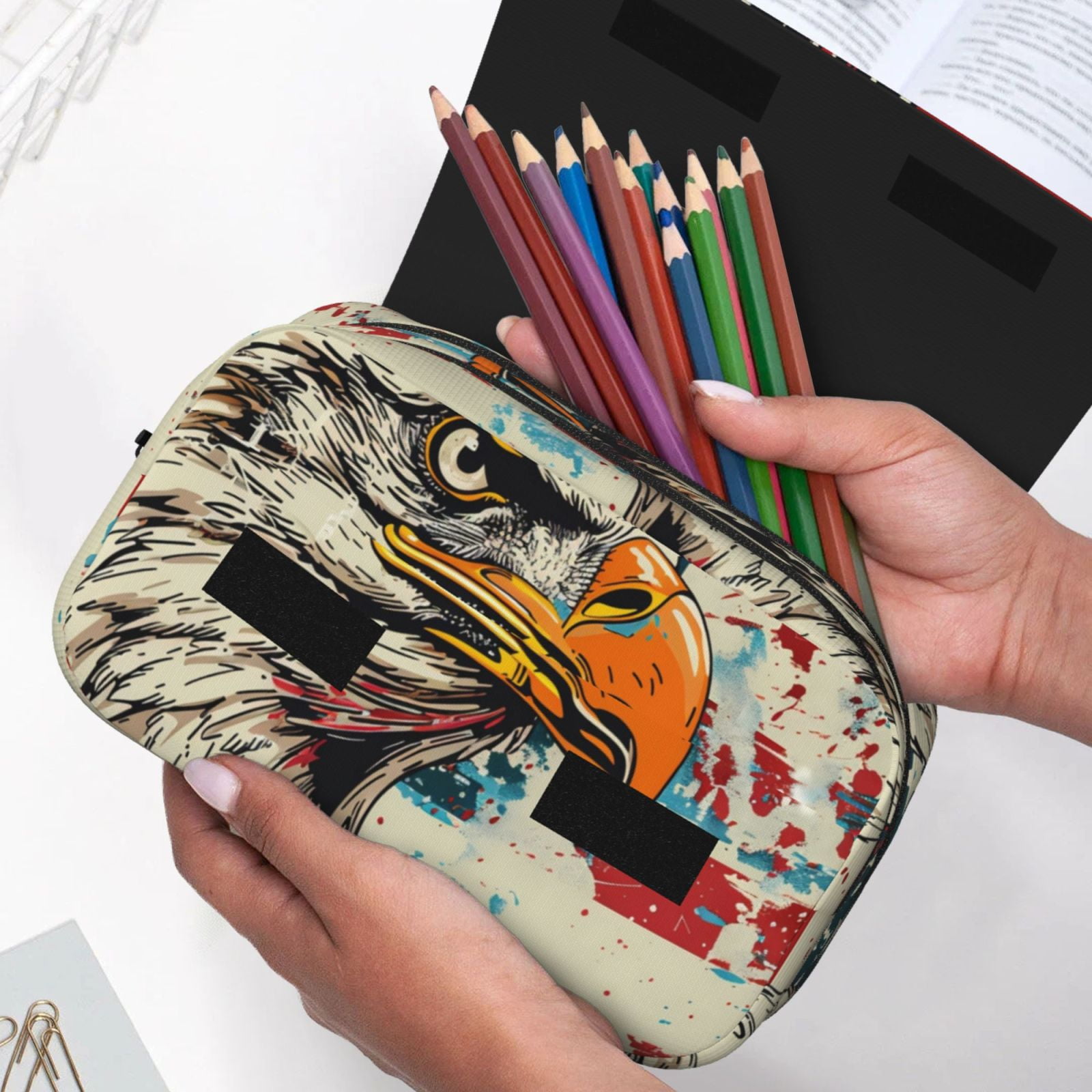 Rateoe Retro American Eagle Pattern Double Clamshell Pen Case, Storage Organizer with Two Zipper Compartments– Holds Up to 50 Pencils & Pens