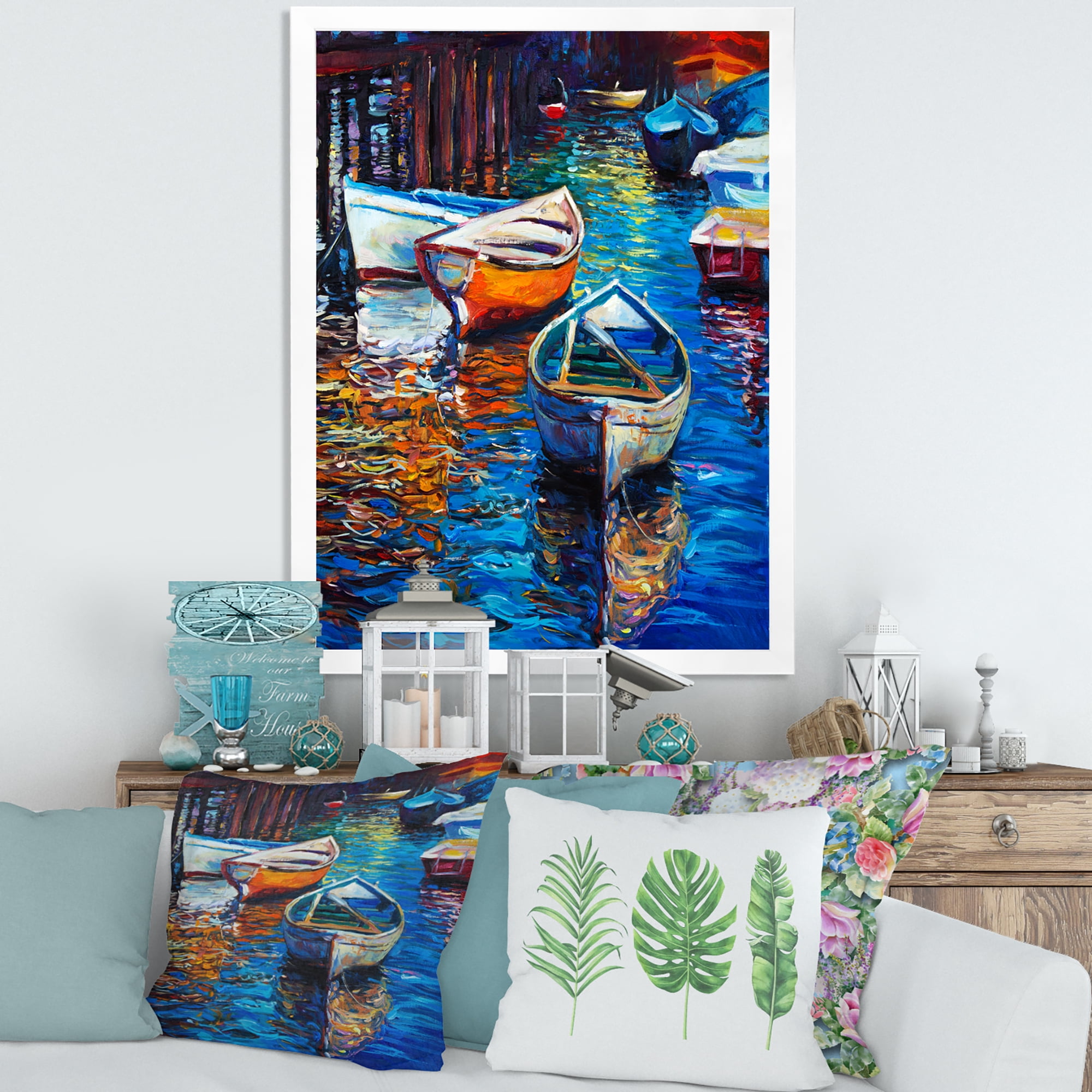 Boats During Warm Sunset Resting On The Water X 20 in x 20 in Framed Painting Canvas Art Print, by Designart