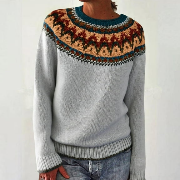 Karight Women's Colorful Retro Knitted Fair Isle Print Sweater Trendy Fall Winter Oversized Lightweight Pullover Tops