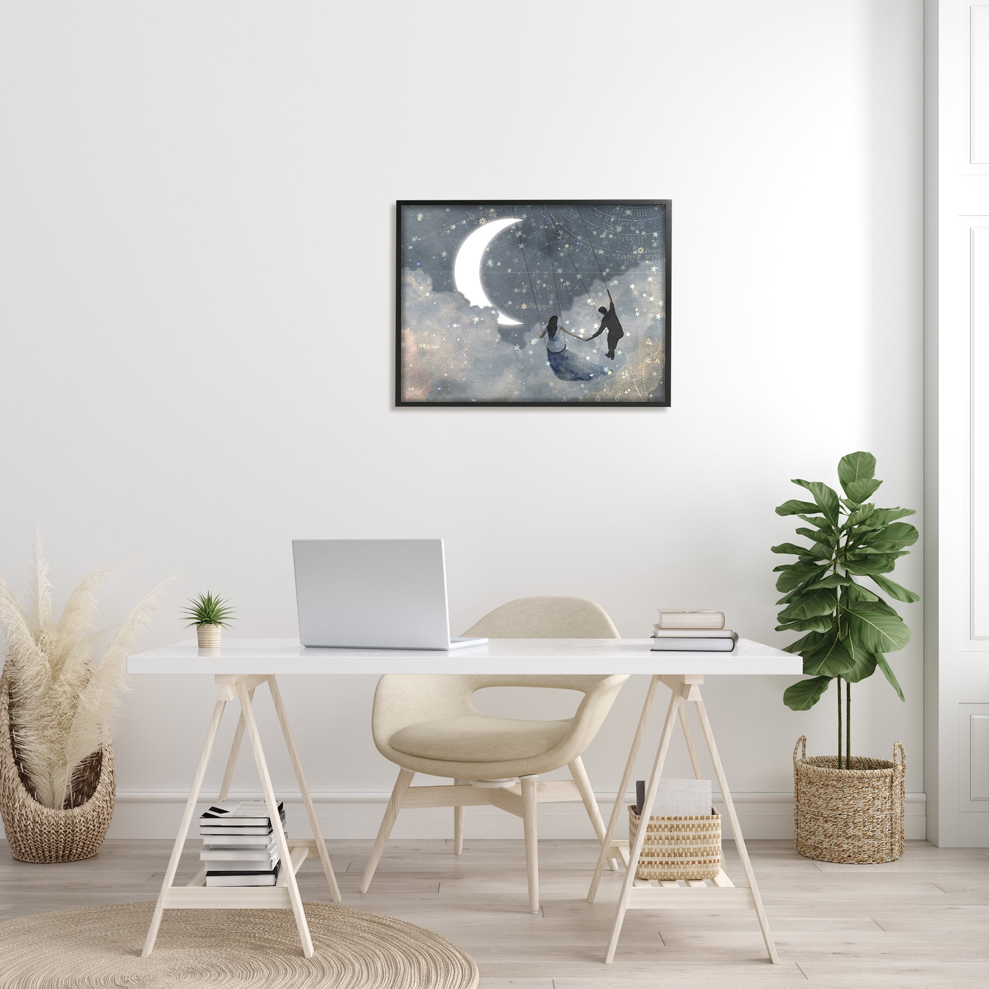 Stupell Industries Grey and Blue Celestial Love Sky Swinging by the Crescent Moon and Stars Graphic Art Black Framed Art Print Wall Art, 24x30, by Victoria Borges