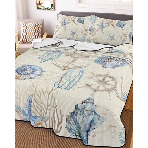 Nautical Coastal Queen Size Down Alternative Comforter, Lightweight Comforter Quilt Bedding Set with Pillow Shams Vintage Beach Coral Starfish Shell All Seasons Bed Comforter Duvet Insert 90"x96"