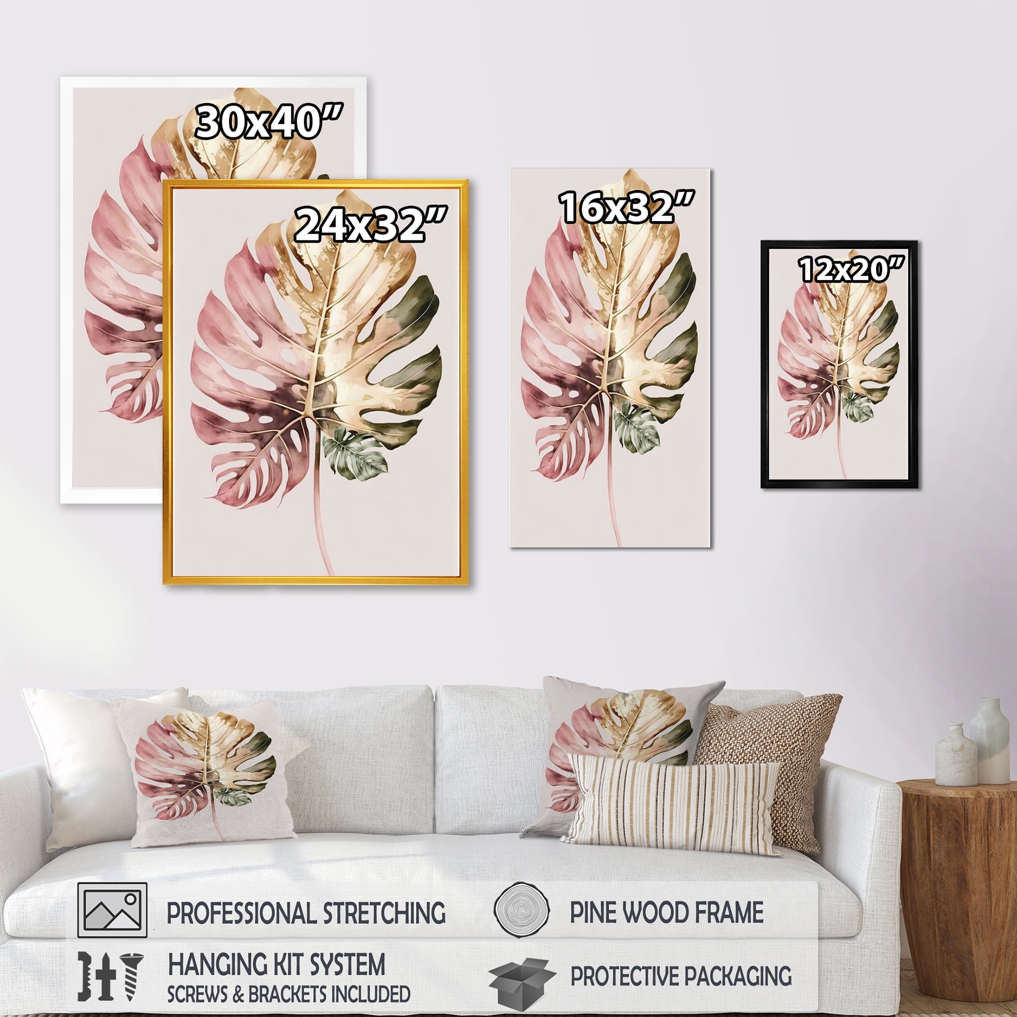 Designart Gold And White Philodendron Leaf I Canvas Wall Art