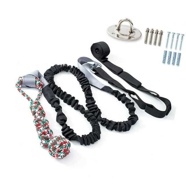 Juguete colgante individual para perros al aire libre con cuerda elástica, juguete interactivo para tirar, juguetes de cuerda para perros con poste de Negro