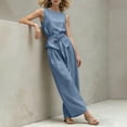 thumbnail image 6 of Mifsaly Women Two Piece Outfits Sets Summer Sleeveless Crewneck Tie Waist Tank Top and Wide Leg Pants with Pockets Elegant Solid Business Casual Vacation Matching Clothes Blue,XS, 6 of 6