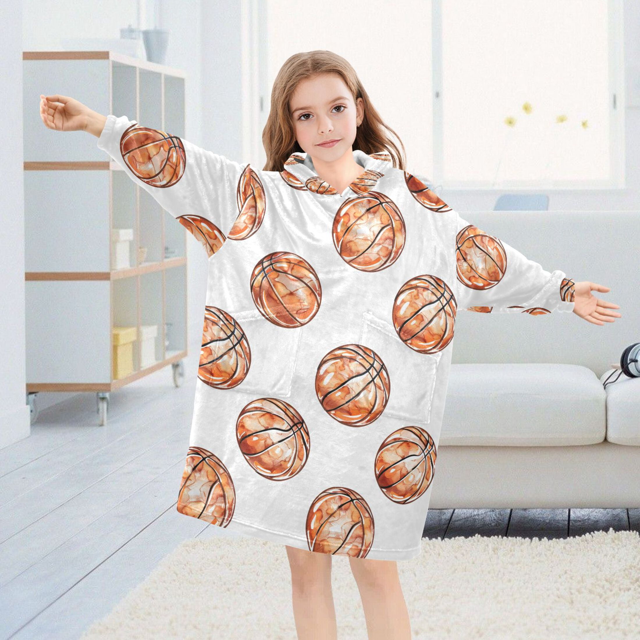 joogoo Wearable Blanket Hoodie for Watercolor Basketballs Oversized Sherpa Hooded 3-14 YR M