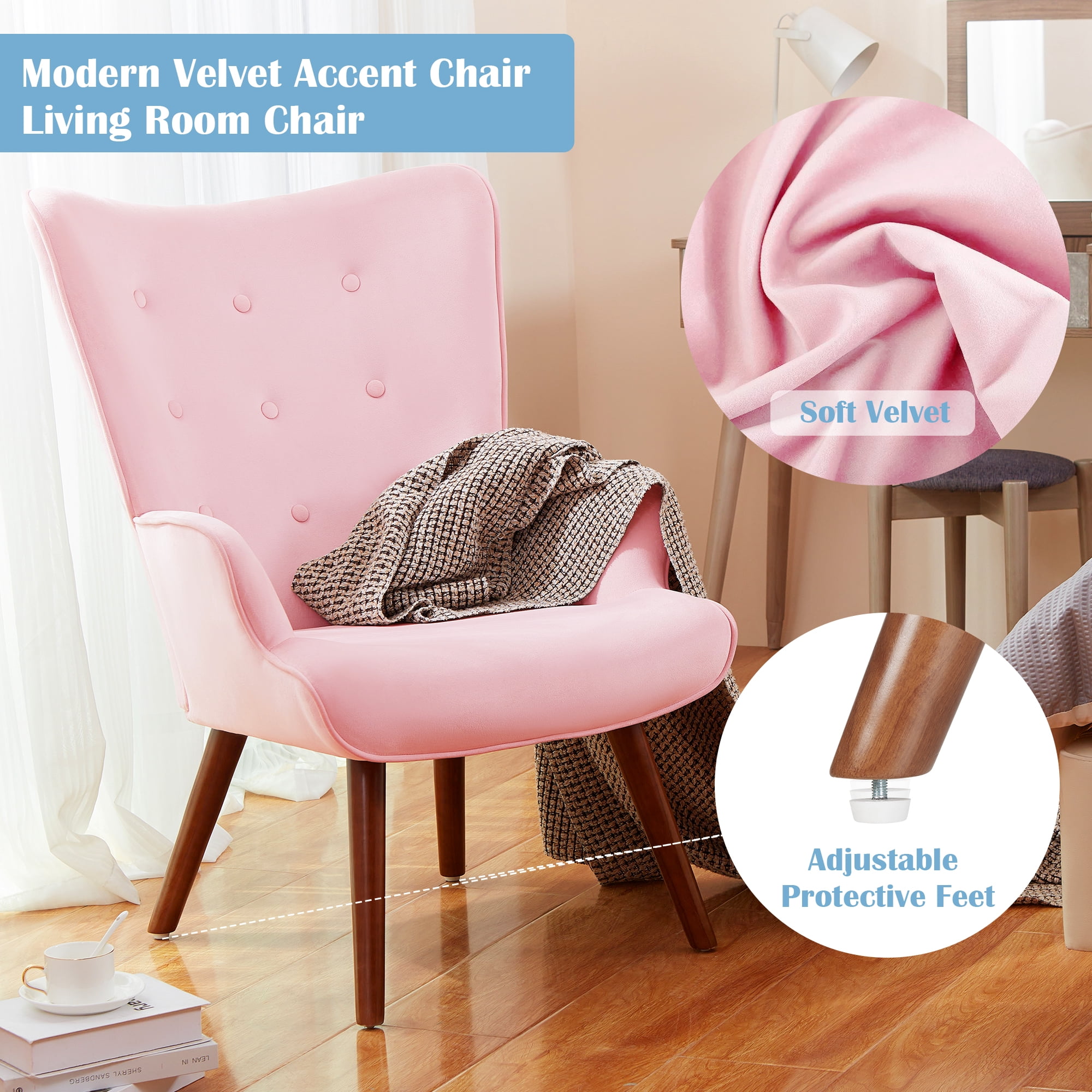 TrumanPick Modern Accent Chair, Velvet High Back Armchair with Solid Legs Sofa Chairs for Living Room Vanity Room, Pink
