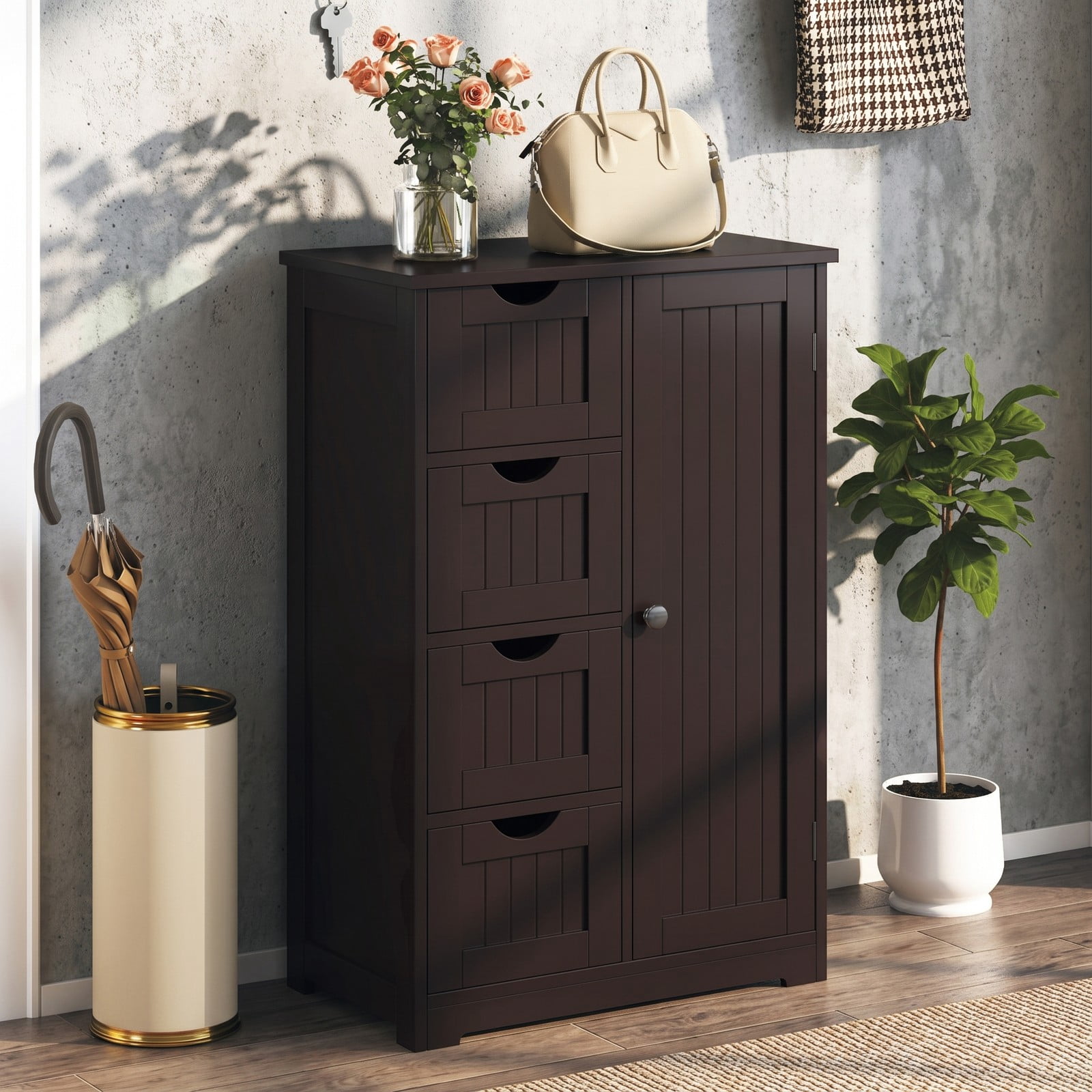 Fenbeli Freestanding Wooden Storage Cabinet with 4 Drawers and Side Door, Modern Bathroom Floor Cabinet Organizer for Living Room Bedroom Entryway, Anti-Tipping, Brown