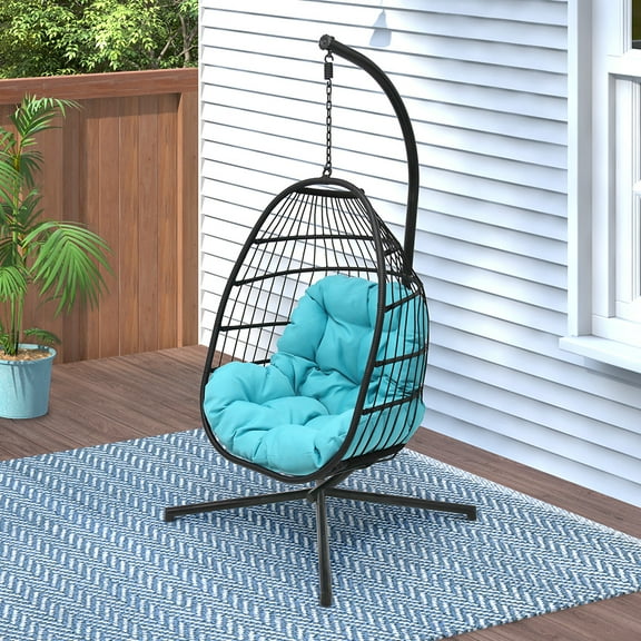 Abble Indoor Outdoor Wicker Hanging Egg Chair with Stand, Foldable Swing Chair with Cushion, Aqua