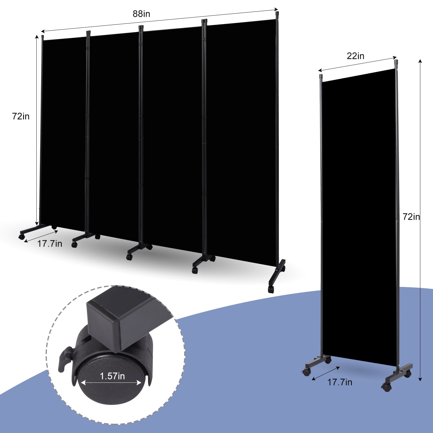 YASRKML 6FT 4 Panel Rolling Room Divider, Self-lockable Room Dividers and Folding Privacy Screens with Wheels, Partition Privacy Screens , Portable Wall Divider for Room Separation, Black