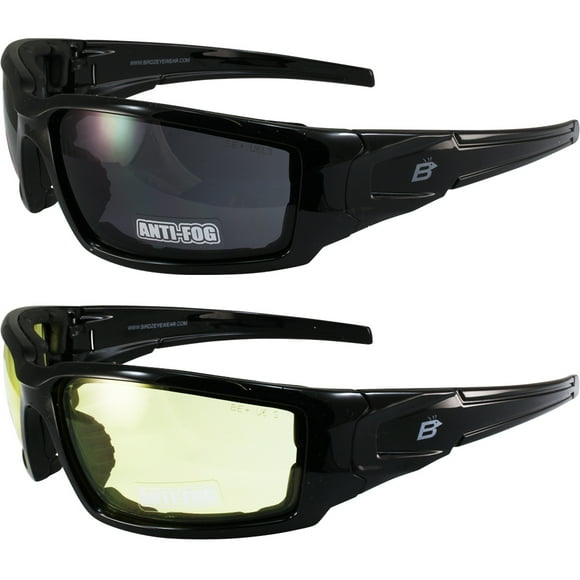 2 Pairs of Birdz Eyewear Osprey Foam Padded Safety Motorcycle Sunglasses Black Frames Smoke & Yellow Lenses