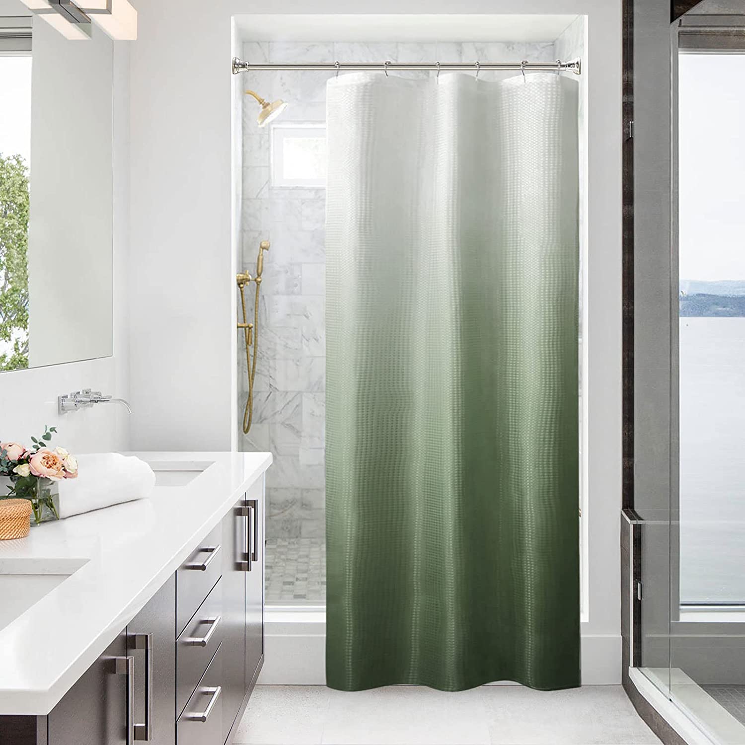 Sage Green Shower Curtain, Ombre Waffle Weave Fabric Shower Curtain