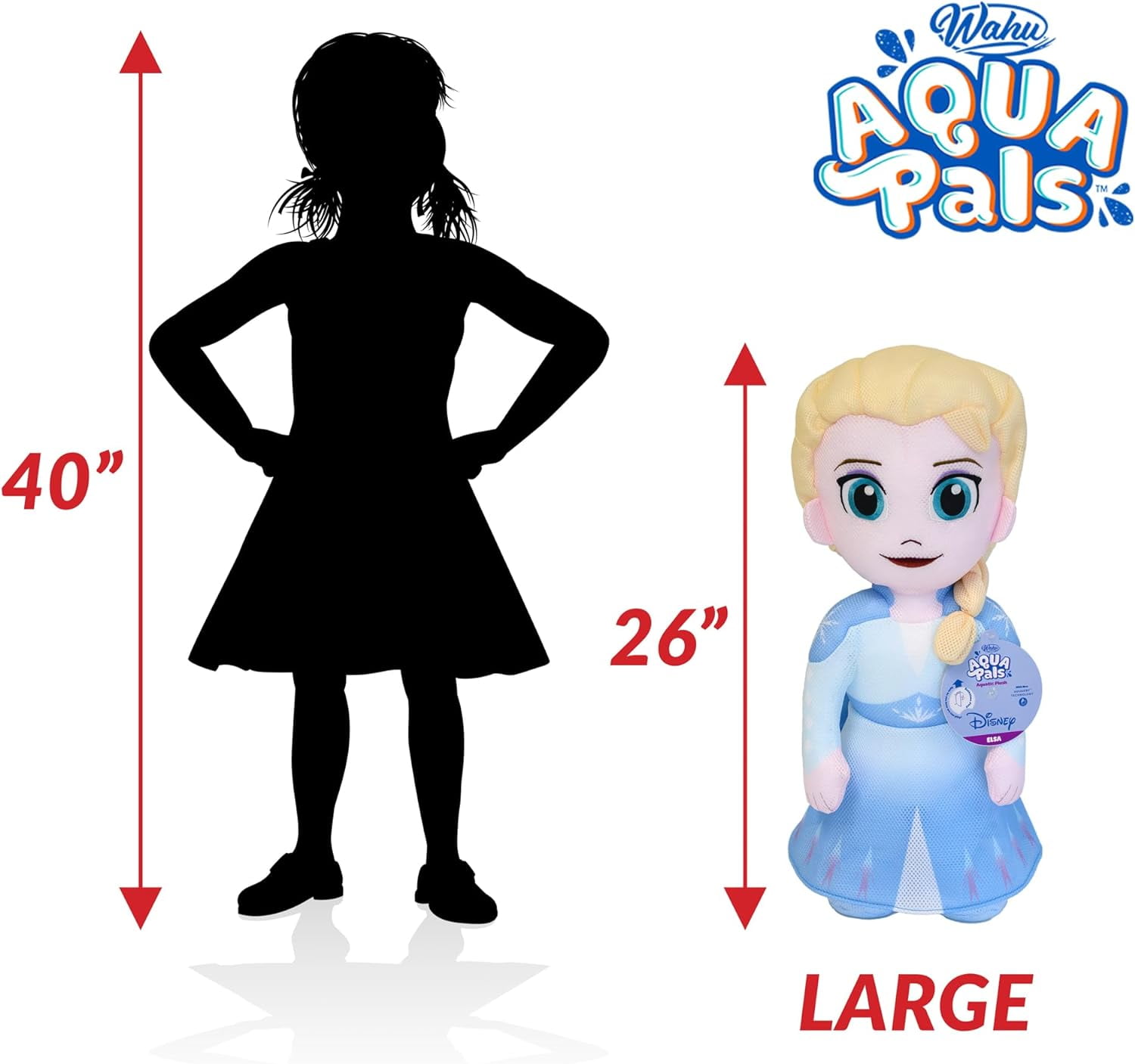 WAHU Aqua Pals Disney Classic Elsa Plush Water Toy for Kids Ages 2+, Fast-Drying Waterproof Plush Doll Toy for Pool and Bathtub, Large, Blue/White, 26"