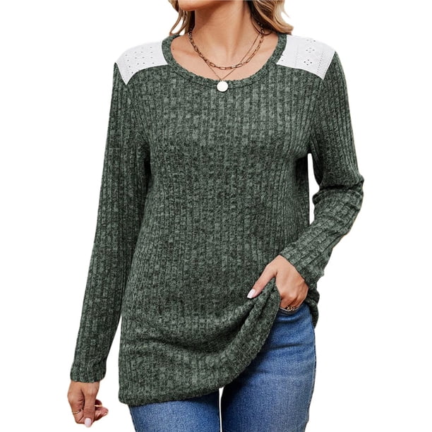 Camisas de Larga y Cuello Redondo para Mujer, Corte Holgado, Estilo Túnica Informal Elegante, Suéter, Ropa de Otoño e Invierno Verde S