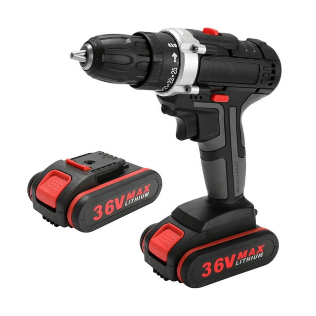 taladro inalámbrico de impacto eléctrico multifuncional de 36 v batería de litio de alta potencia inalámbrica Taladro inalámbrico negro y rojo en vista 3/4 con mandril 2–10 mm, mango ergonómico y luz LED frontal; incluye batería desmontable 36V 1300 mAh (opción 1 o 2 baterías), cuerpo de plástico y piezas metálicas, control de velocidad variable y botones rojos. Diseñado para atornillar y perforar con hasta 28 N.m de torque y 1450 rpm; suele usarse como atornillador portátil para tareas domésticas y al aire libre.