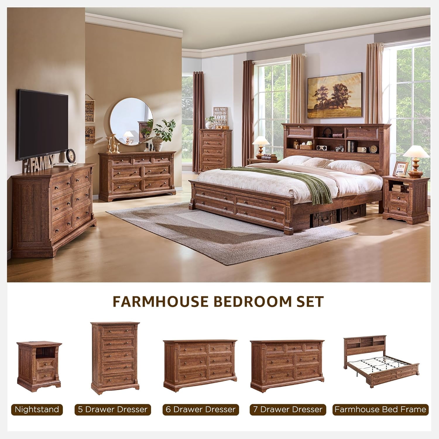 KeyWhat Farmhouse Queen Size Bed Frame with 54" Tall Storage Bookcase Headboard, Wood Platform Bed Frame with 2 Drawers, No Box Spring Needed, Reclaimed Barnwood