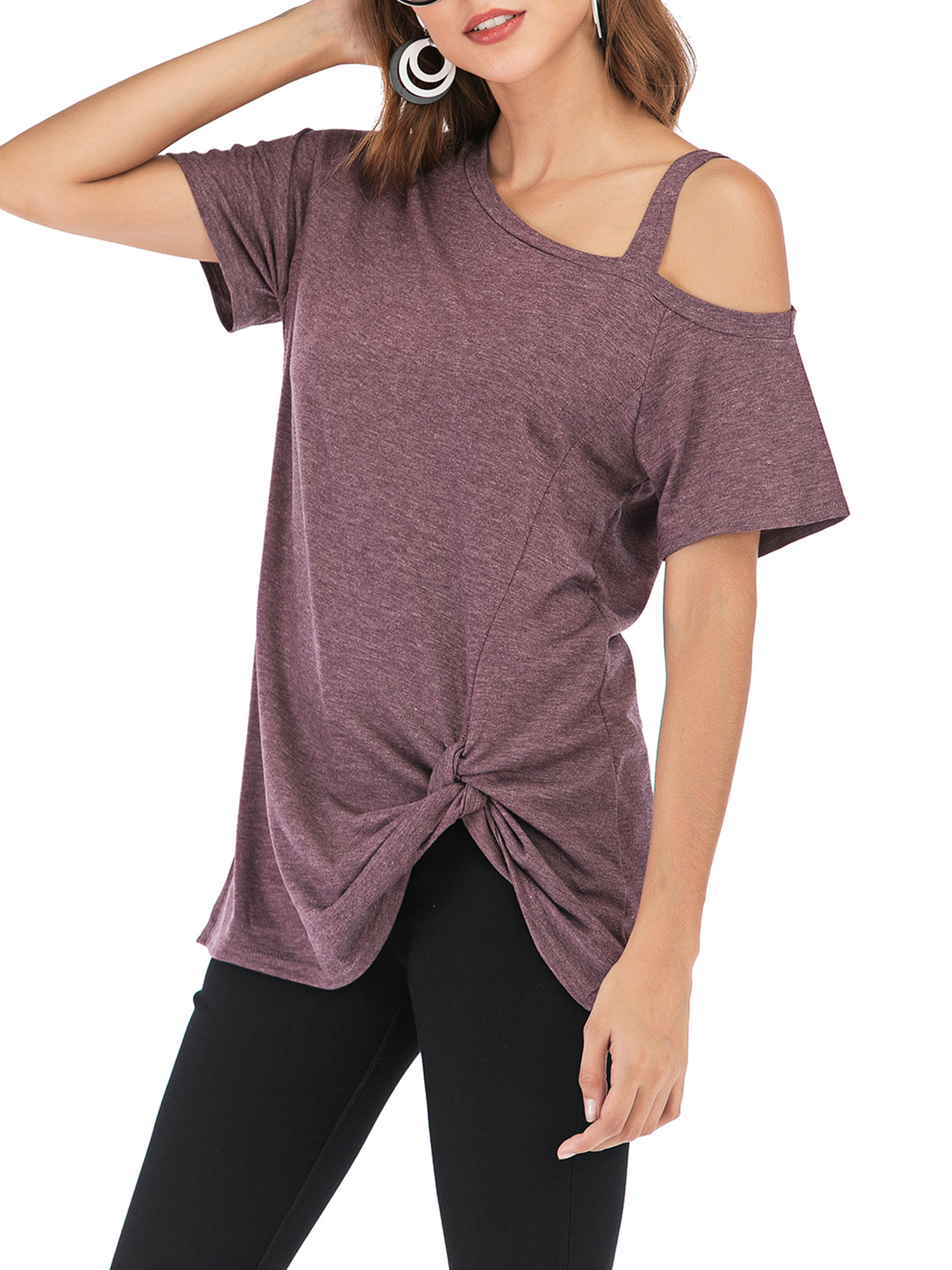 SAYFUT Women's Cold Shoulder T-Shirt  Plus Size Cold Shoulder Tops Short Sleeve Tops Blouse Fashion Knot Twist Front Blouse Tunic Tops S-2XL - image 5 of 8