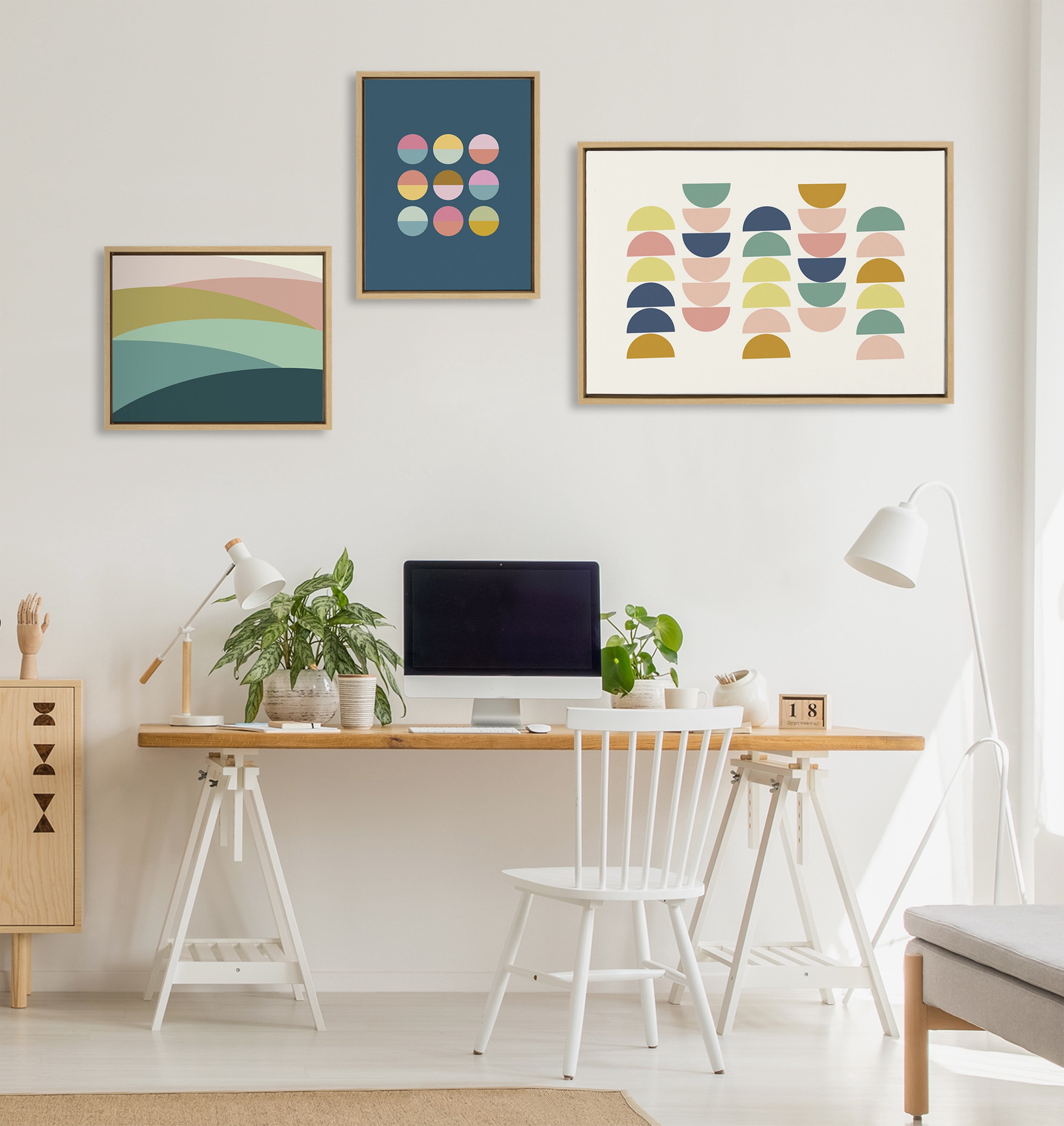 Sylvie Simple Shapes in Soft Colors 23 in x 33 in Framed Painting Canvas Art Prints, by Kate and Laurel Set of 3