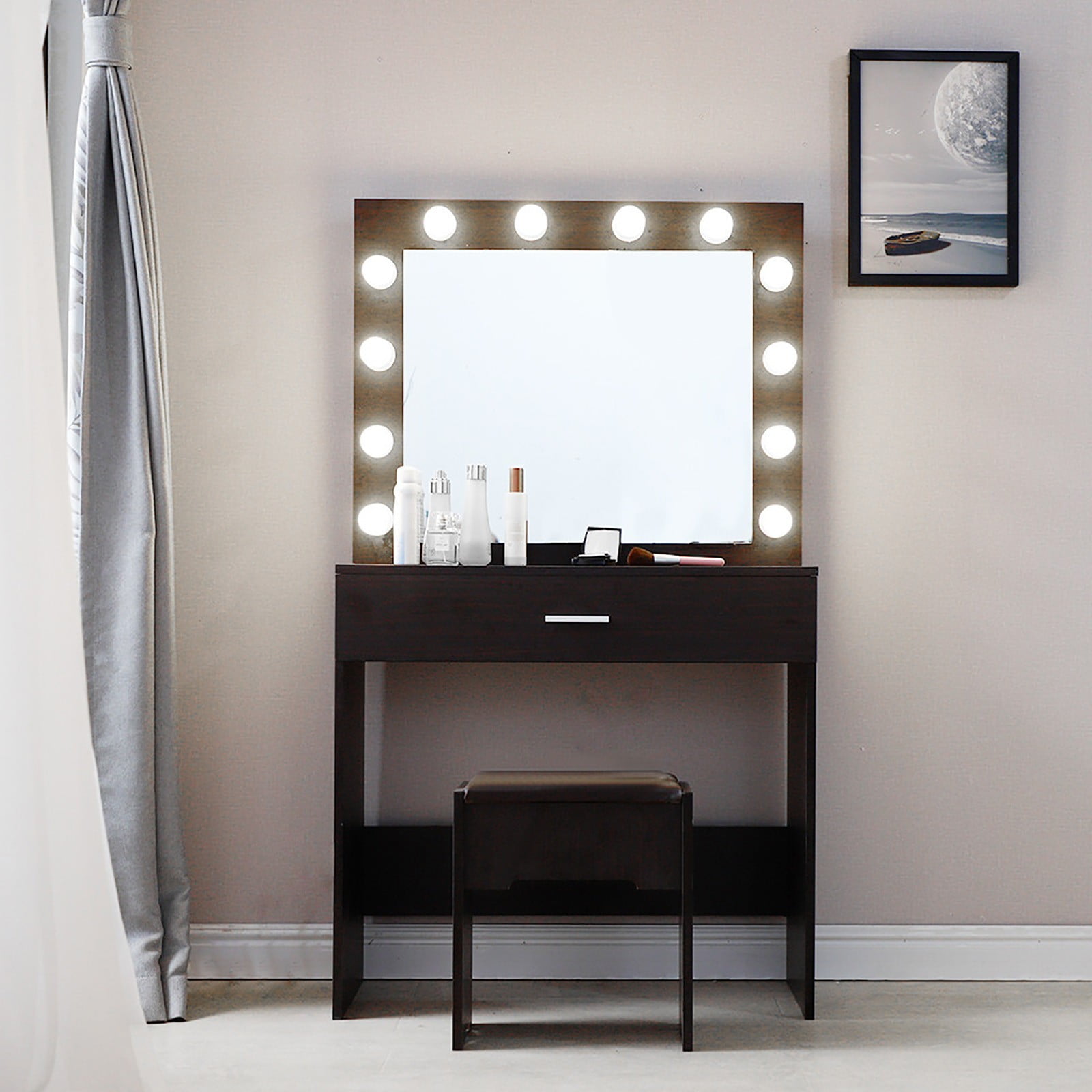 Details about   Makeup Dressing Table with Large Drawer and 4 Shelves Lighted Mirror Vanity Set