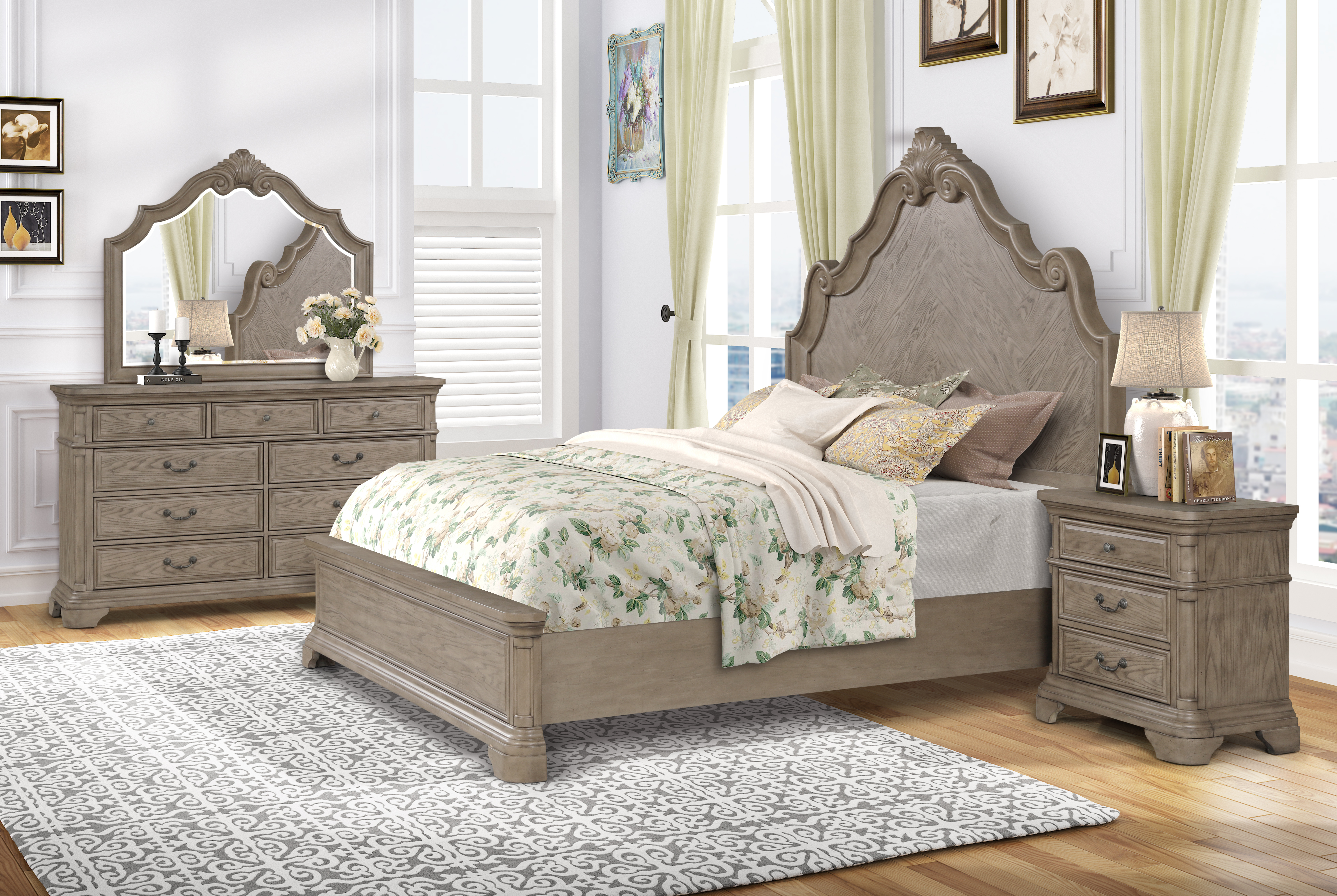 Levan Carved Wood Bed Set With Panel King Bed Dresser Mirror Nightstand Walmart Com Walmart Com