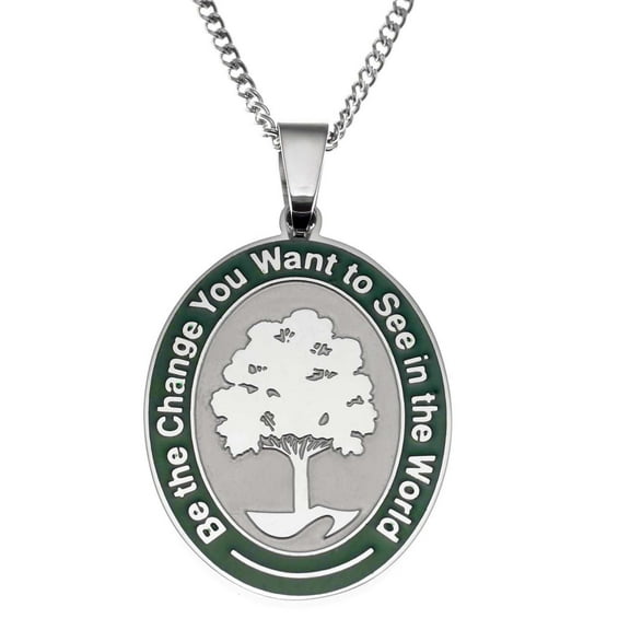 "Be The Change" Inspirational Stainless Steel & Green Enamel Pendant Necklace