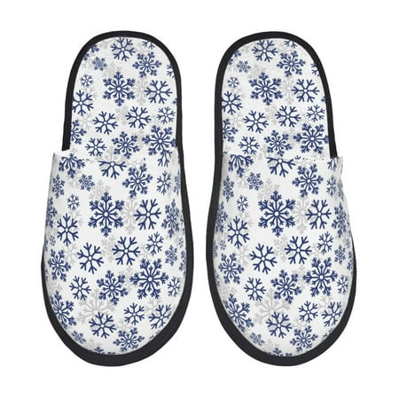 Balery Dark Blue Snowflakes Slient Indoor Furry Fleece Comfort House Shoes Soft Non-Slip Home Shoes Cotton slippers House Slippers-- Large