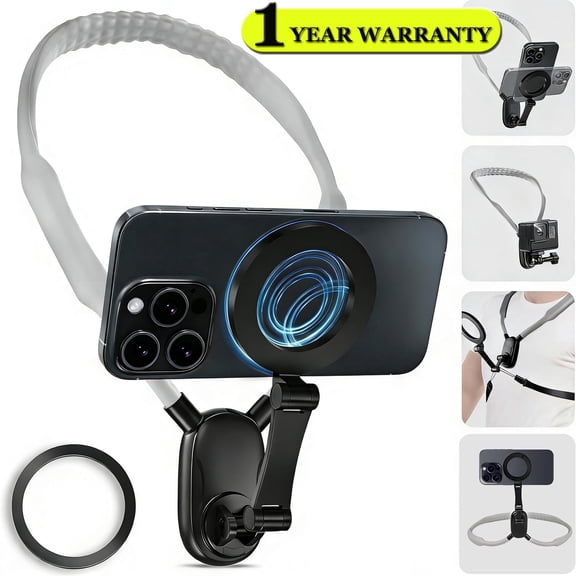 Neck Phone Holder , 2-in-1 Magnetic & Clip-on Phone Neck Holder , Hand Free Chest Stand Compatible with iPhone 17-12 Seires Android Phones