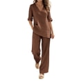 thumbnail image 2 of YABCSAZ Women's Cotton Linen 2-Piece V-Neck Top and Wide Leg Pants Set Casual Summer Outfits Lightweight Breathable Loose Fit Two Piece Set Coffee, Gifts for Women, 2 of 8