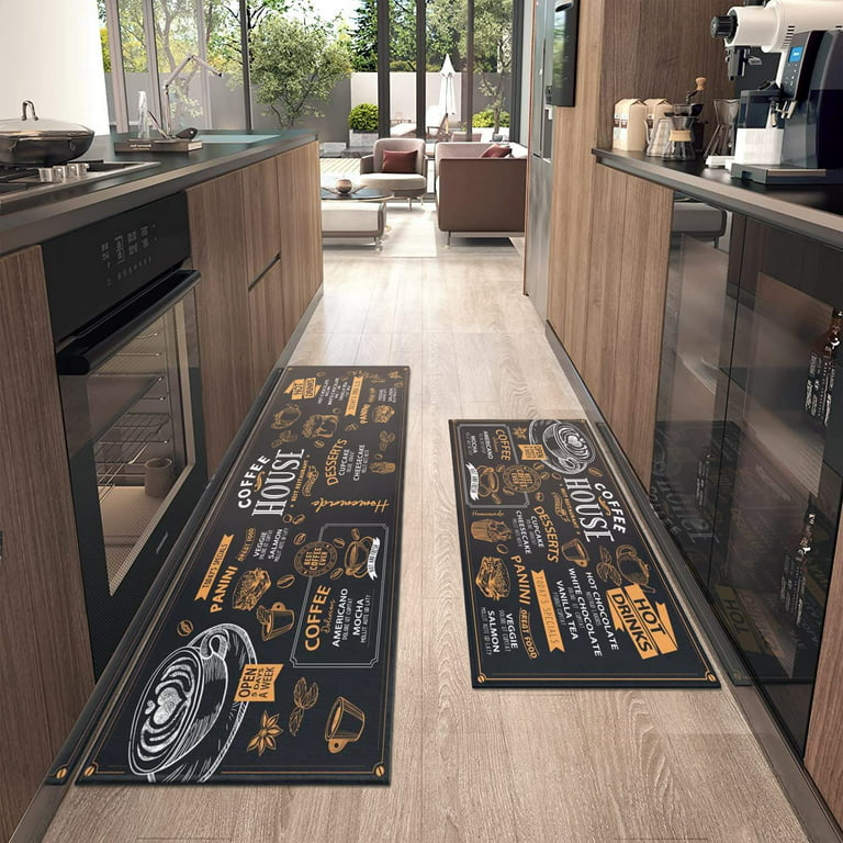 Pionism Black Coffee Theme Kitchen Rugs Set of 2,Cafe Kitchen Rugs and Mats Non Skid Washable,Black Kitchen Runner Rugs with Rubber Backing (Coffee House 17